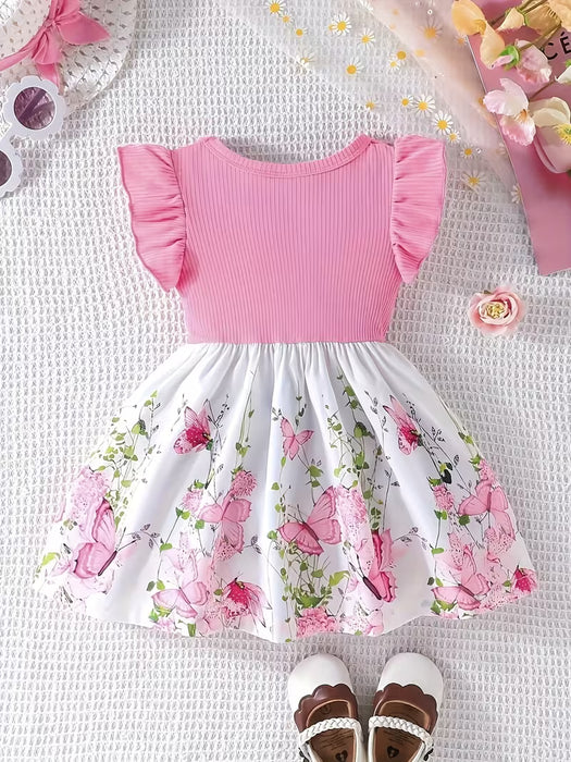 Vestido Casual para Niñas con Estampado de Mariposas, Cuello Redondo
