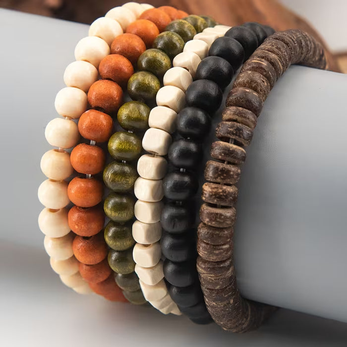 6pcs de pulseras de madera con cuentas, unisex