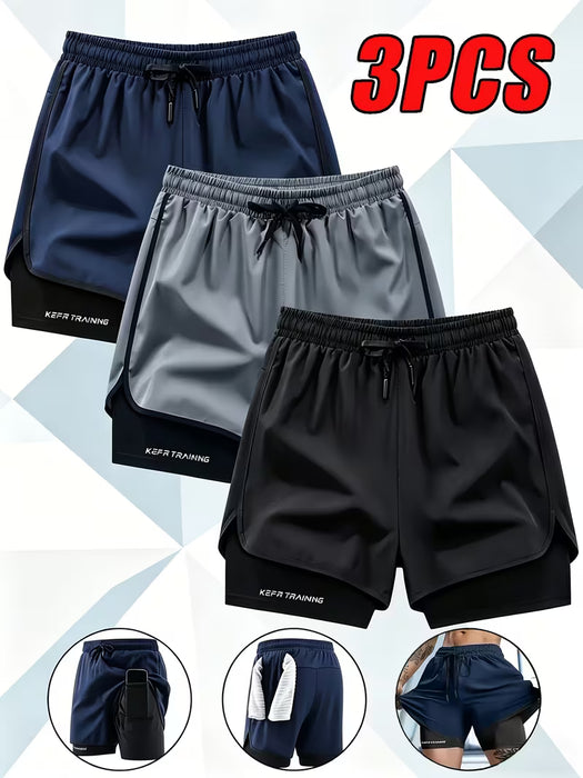 Conjunto de 3 shorts de verano 2 en 1 para hombre - Cintura elástica con cordón ajustable