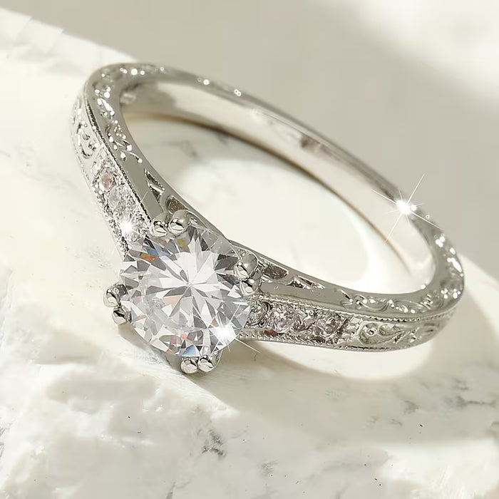 Anillo de moda para mujer con diseño estampado, redondo, de boda, de circonita sintética blanca
