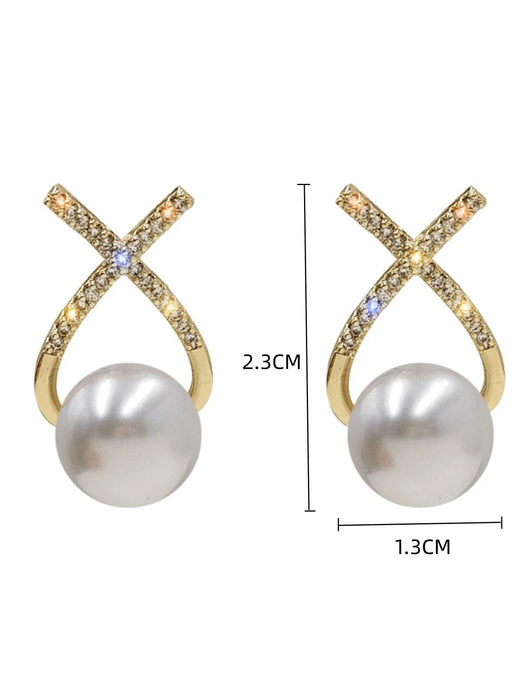 SHEIN 1 par de pendientes de botón cruzados con diamantes de imitación y perlas de imitación.