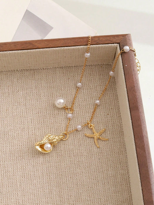 1 tobillera bohemia de estilo playero con perlas sintéticas, concha y estrella de mar para mujer