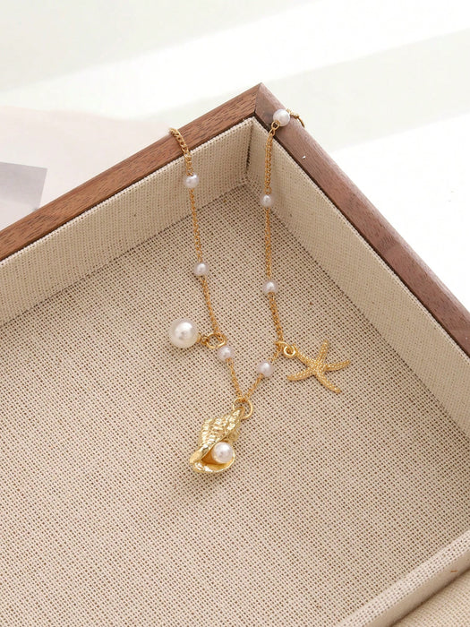 1 tobillera bohemia de estilo playero con perlas sintéticas, concha y estrella de mar para mujer