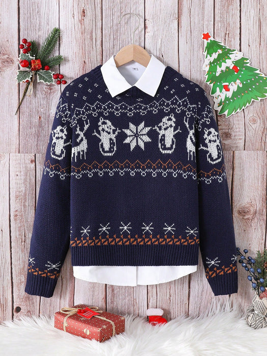 SHEIN 1 suéter navideño para niño, azul marin, con estampado navideño
