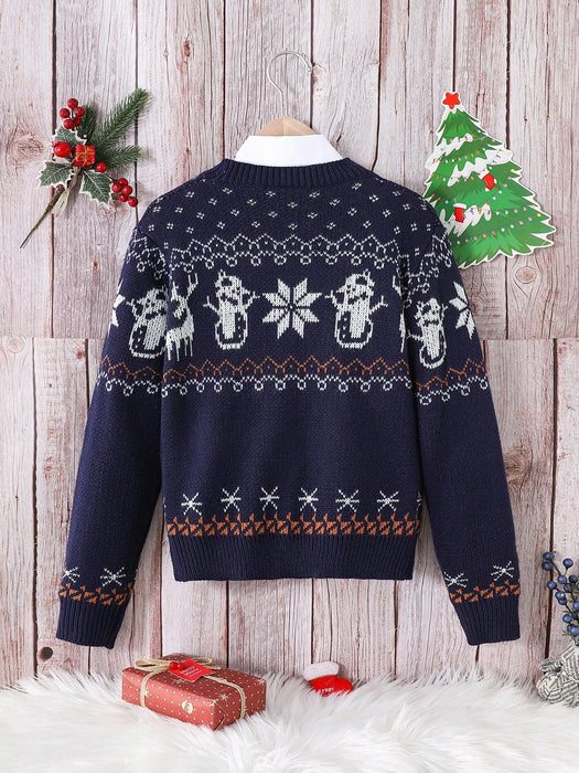 SHEIN 1 suéter navideño para niño, azul marin, con estampado navideño