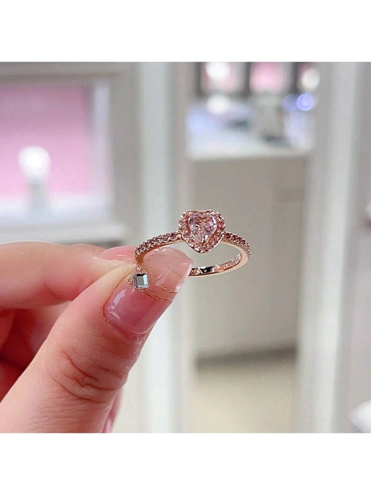 Shein 1 anillo de joyería novedoso y moderno con gema rosa en forma de corazón