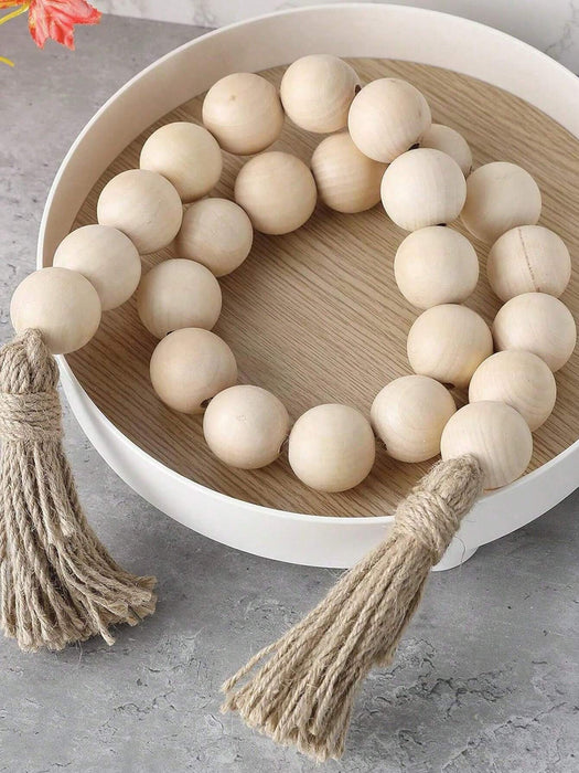 1 unidad de guirnalda de borlas y cuentas de madera, hecho a mano, hilo de cuentas de madera natural