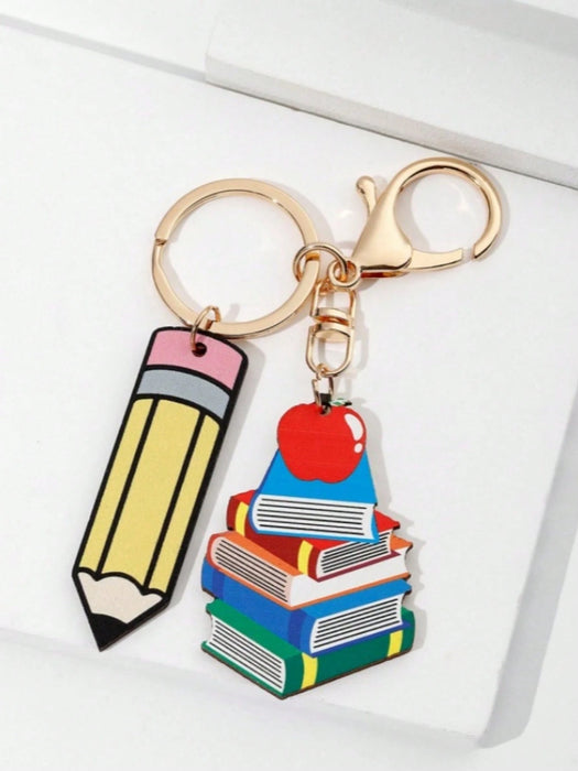 Shein Llavero unisex de madera con forma de lápiz y libros en colores arcoíris para Maestros
