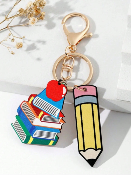 Shein Llavero unisex de madera con forma de lápiz y libros en colores arcoíris para Maestros