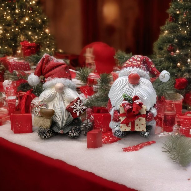 2 pcs de Adorno Navideño de Gnomo, Figura de Papá Noel de Resina, con Diseños de Copos de Nieve y Regalos - Quierox - Tienda Online