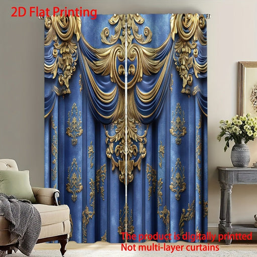 2 piezas de Cortinas impresas digitalmente en color oro y azul tipo de instalación de barra - Quierox - Tienda Online