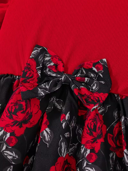 Vestido de Niña Mangas Volantes Juguetonas, con Estampado Audaz de Rosas Rojas
