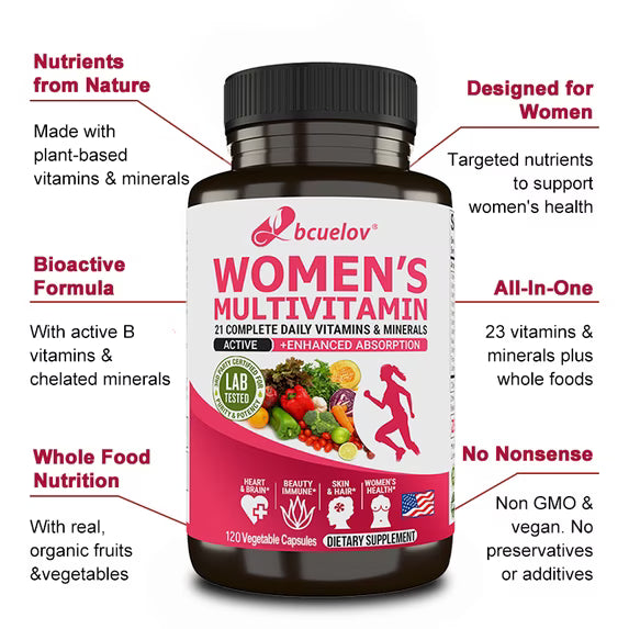 Suplemento multivitamínico para mujeres Bcuelov, 120 cápsulas vegetales