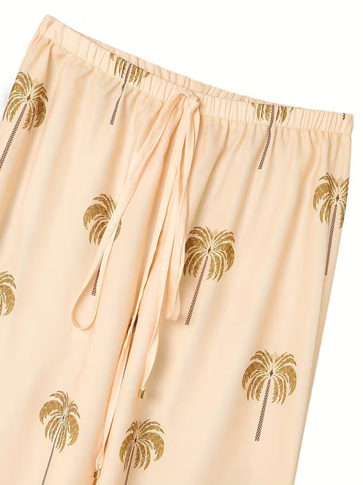 Conjunto de cardigan y pantalones anchos con estampado de coco tropical para mujer