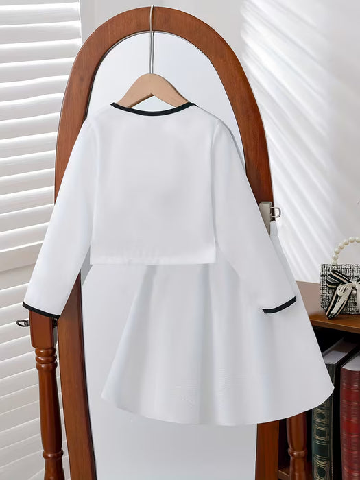 Conjunto dulce y elegante de 2 piezas para niñas: blusa de tweed de manga larga con botones