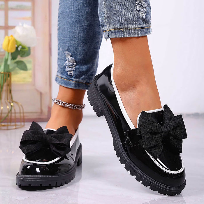 Mocasines de charol para mujer, sin cordones, con plataforma, tacón grueso y lazo