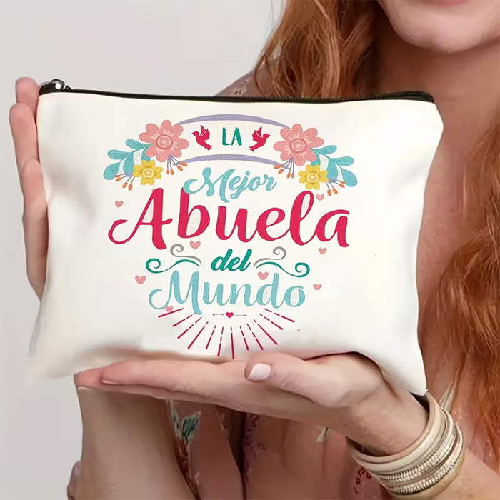 1 ud. de una bolsa de maquillaje con la frase 'La mejor abuela del mundo' con un diseño floral