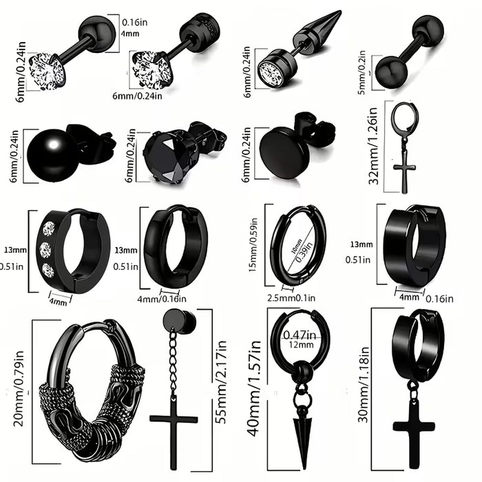 32 Pendientes para Hombre en Acero Inoxidable - Aro estilo Punk, colgante cruz