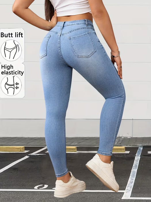 Pantalones skinny de mezclilla elástica azul claro con textura retro lavada