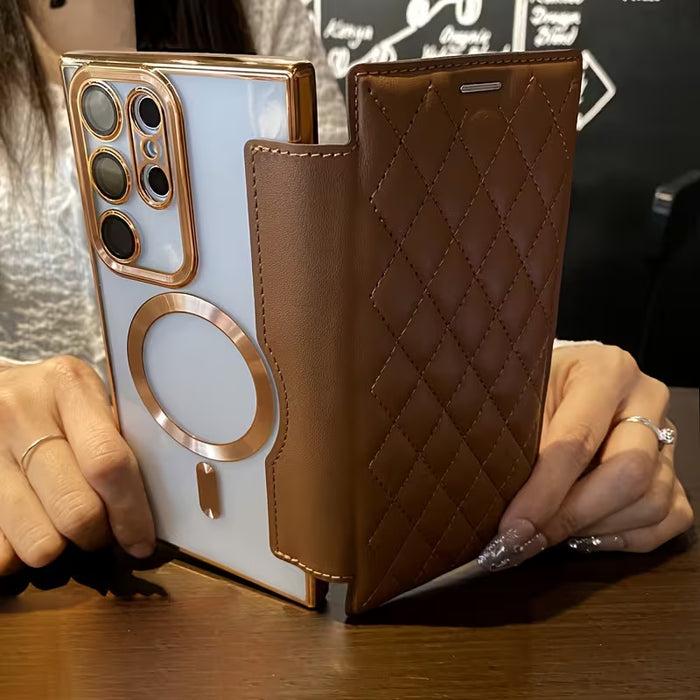 Funda magnética transparente para teléfono móvil con tapa abatible de piel sintética para Samsung S22 Ultra
