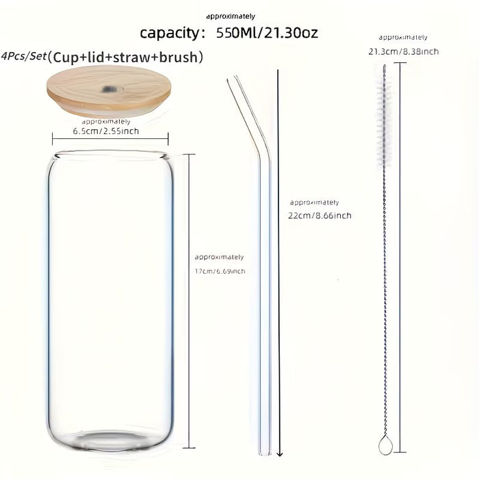 Conjunto de 4 taza de agua de 550ml + 4 tapa de bambú + 4 pajita de vidrio + 2 cepillo para pajitas)