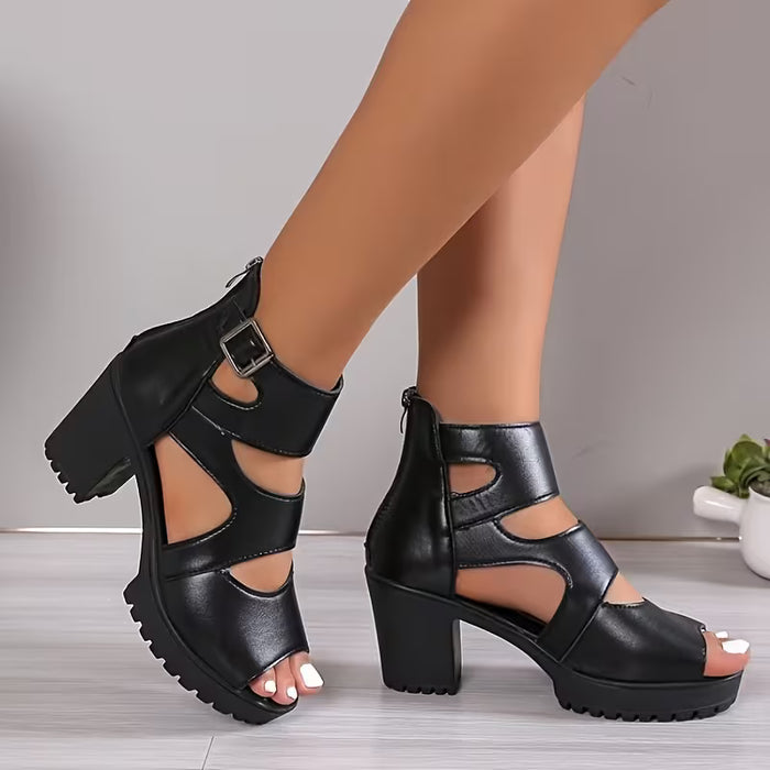 Sandalias de mujer con tacón grueso, puntera abierta y diseño recortado