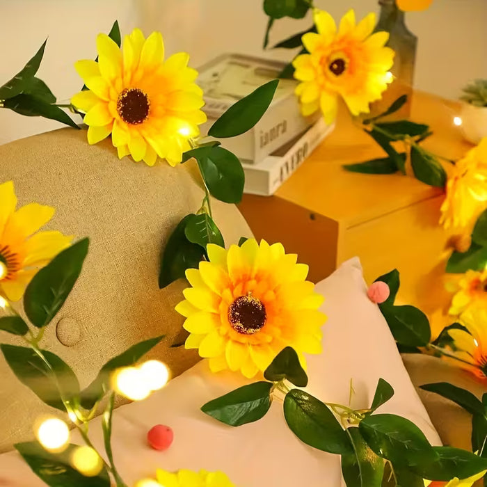 1 Guirnalda de Girasol Artificial Bohemio |20 Luces LED con Hojas Verdes 2m