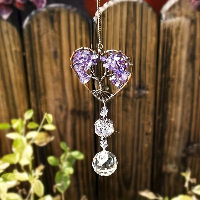 Atrapasol de Cristal Morado con Forma de Corazón y Cuentas de Vidrio