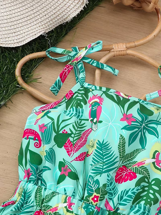 Mono con tirantes para niñas, estilo vacacional de verano, con estampado de hojas verdes