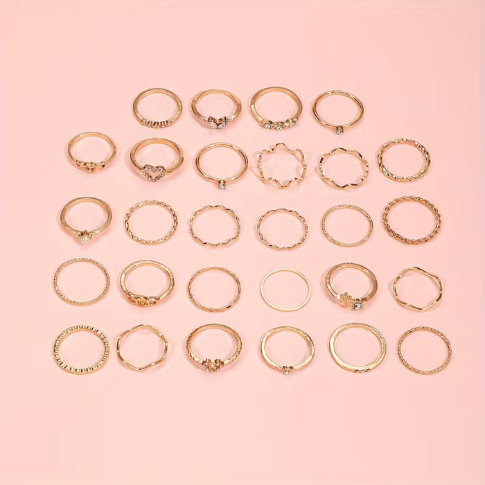 28 Piezas de Juego de Anillos Elegantes y Sexys con Rhinestones y Detalles, Conjunto de Joyería