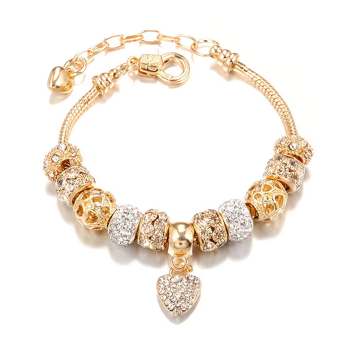 1pc Pulsera Elegante de Tono Dorado con Cuentas de Cristal y Colgante de Corazón