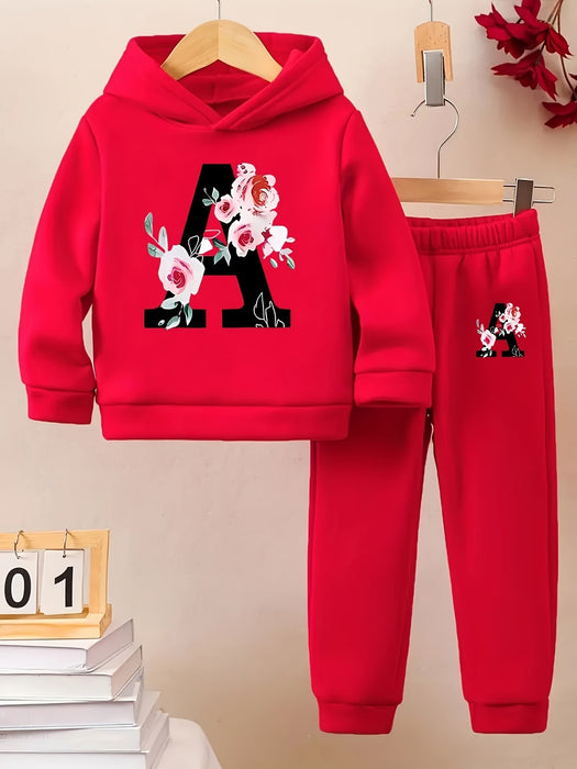 Conjunto rojo de dos piezas para niñas pequeñas de una sudadera con capucha y pantalon