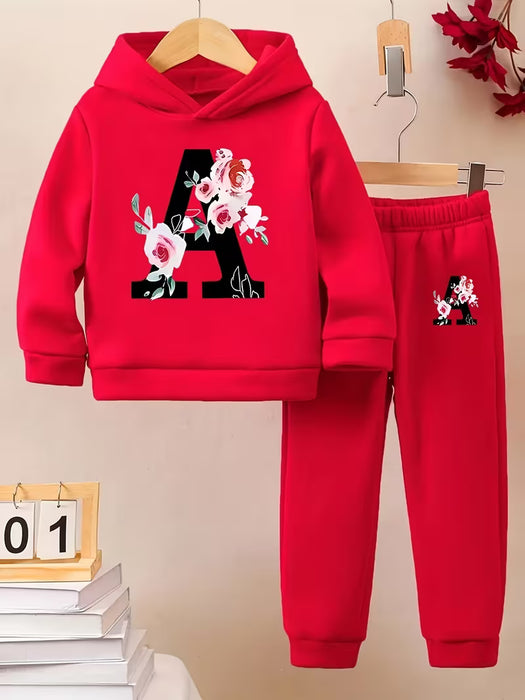 Conjunto 2pcs sudadera con capucha y pantalón estampada de la letra A, para niñas