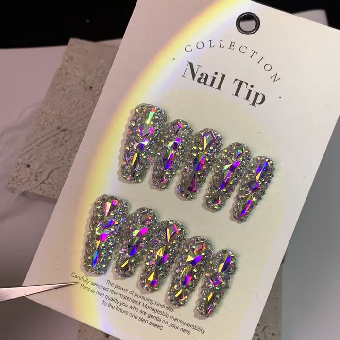 Uñas postizas artesanales, uñas postizas en forma de ataúd con pedrería