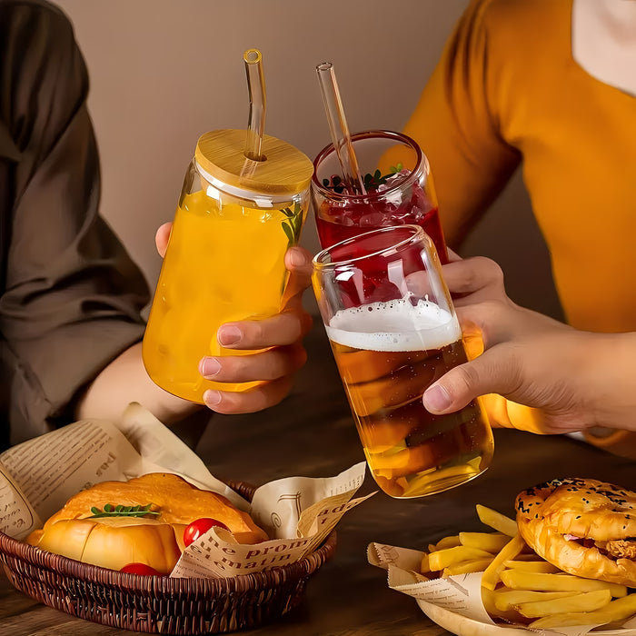 Conjunto de 4 taza de agua de 550ml + 4 tapa de bambú + 4 pajita de vidrio + 2 cepillo para pajitas)