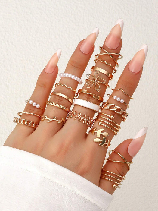 SHEIN Juego de 22 anillos estilo bohemio con diseños de flores, hojas y perlas de imitación