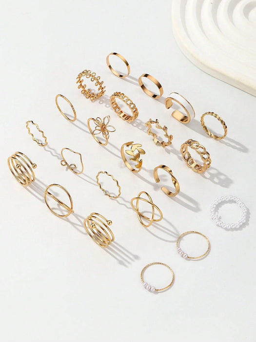 SHEIN Juego de 22 anillos estilo bohemio con diseños de flores, hojas y perlas de imitación