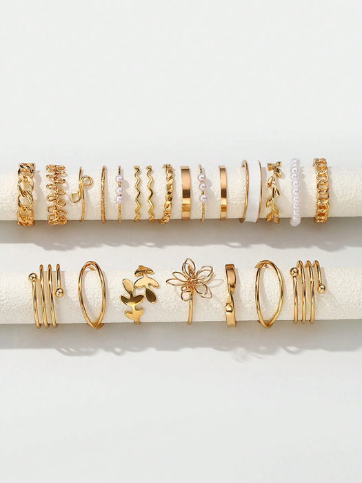 SHEIN Juego de 22 anillos estilo bohemio con diseños de flores, hojas y perlas de imitación