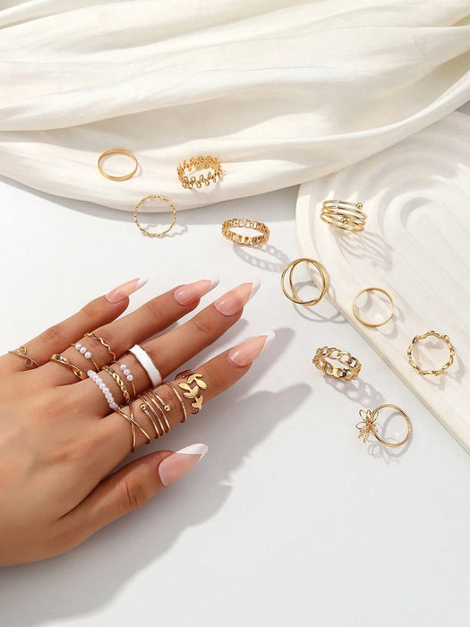 SHEIN Juego de 22 anillos estilo bohemio con diseños de flores, hojas y perlas de imitación