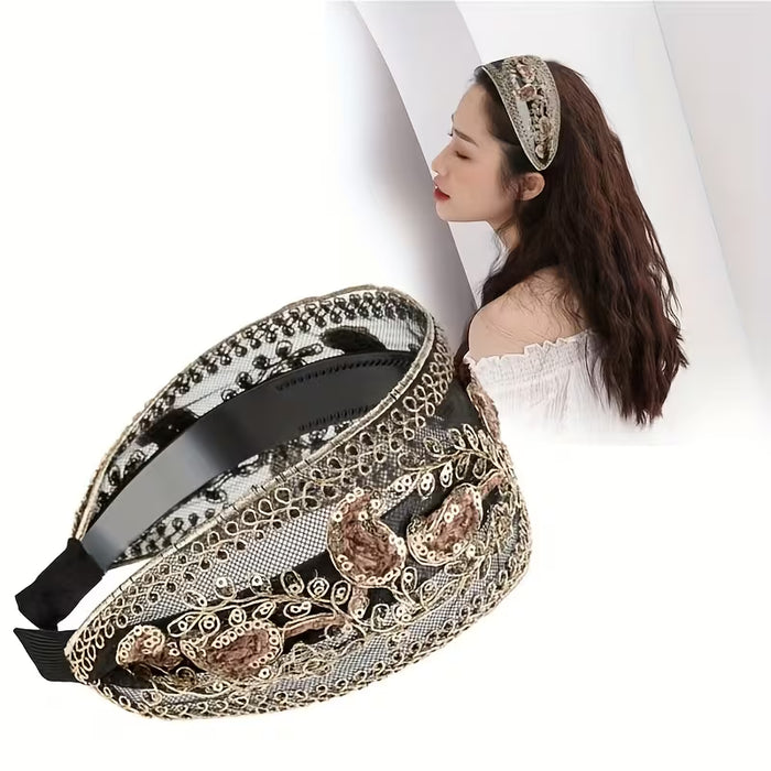 2 Piezas de Diademas de Encaje y Lentejuelas Florales para Mujer, Elegantes Aros Anchos