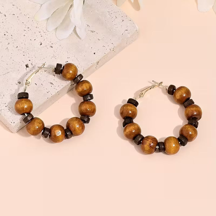 Un Par de Pendientes con Cuentas de Madera, Estilo Bohemio Vintage