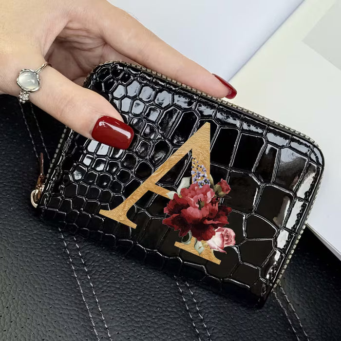 1pc Alfabeto Dorado A-Z con Diseño Floral, Elegante Billetera Corta para Mujer