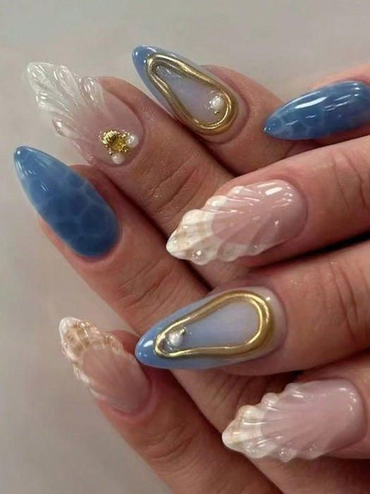 24 piezas de uñas de gel 3D almendradas largas con diseño de conchas marinas - Quierox - Tienda Online