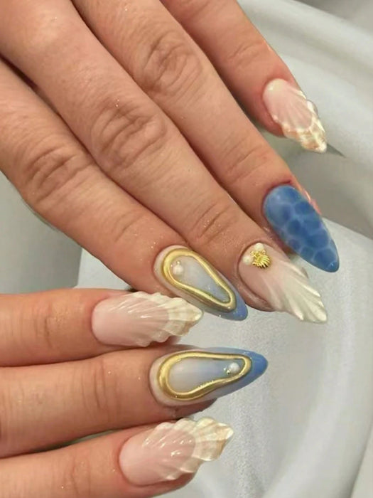 24 piezas de uñas de gel 3D almendradas largas con diseño de conchas marinas - Quierox - Tienda Online