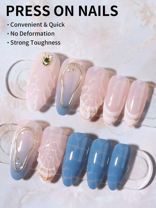 24 piezas de uñas de gel 3D almendradas largas con diseño de conchas marinas - Quierox - Tienda Online