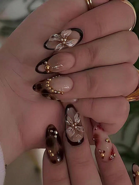 24 piezas de uñas de gel 3D largas con forma de almendra, diseño de flores - Quierox - Tienda Online