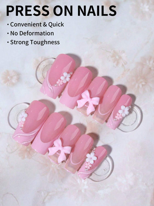 24 piezas de uñas de gel 3D para uñas postizas, diseño de lazo floral rosa cuadrado - Quierox - Tienda Online