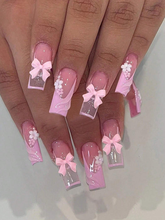24 piezas de uñas de gel 3D para uñas postizas, diseño de lazo floral rosa cuadrado - Quierox - Tienda Online