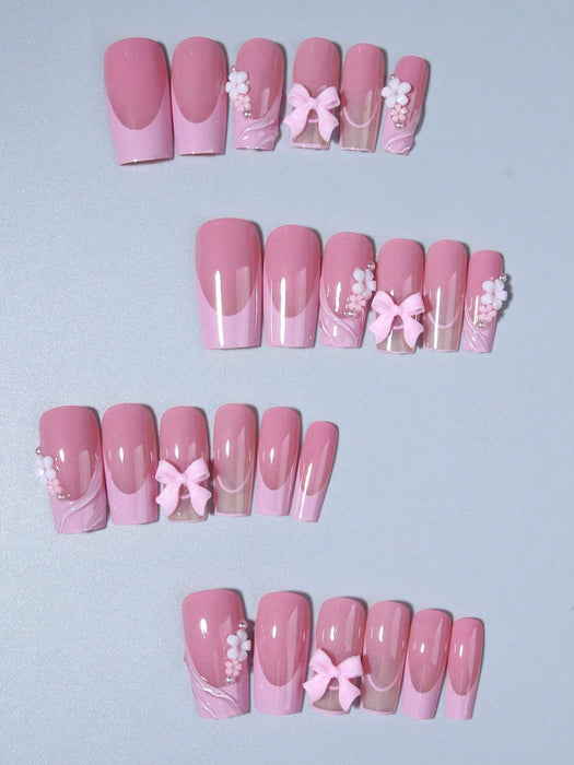 24 piezas de uñas de gel 3D para uñas postizas, diseño de lazo floral rosa cuadrado - Quierox - Tienda Online