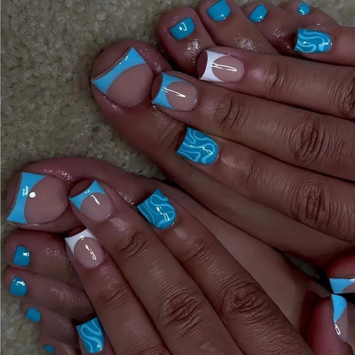 24 Piezas de Uñas Postizas Elegantes con Rayas Azules al Estilo Francés - Quierox - Tienda Online